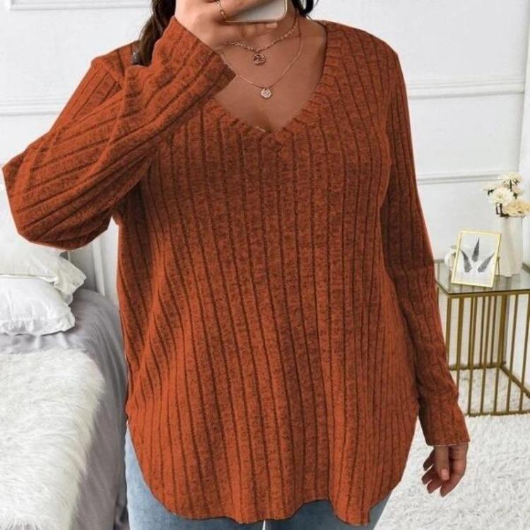 Women Plus Size Long Sleeve T-Shirt V Neck Striped Knitted Top Casual Loose Blouse Spring Solid Color Tops 5XL