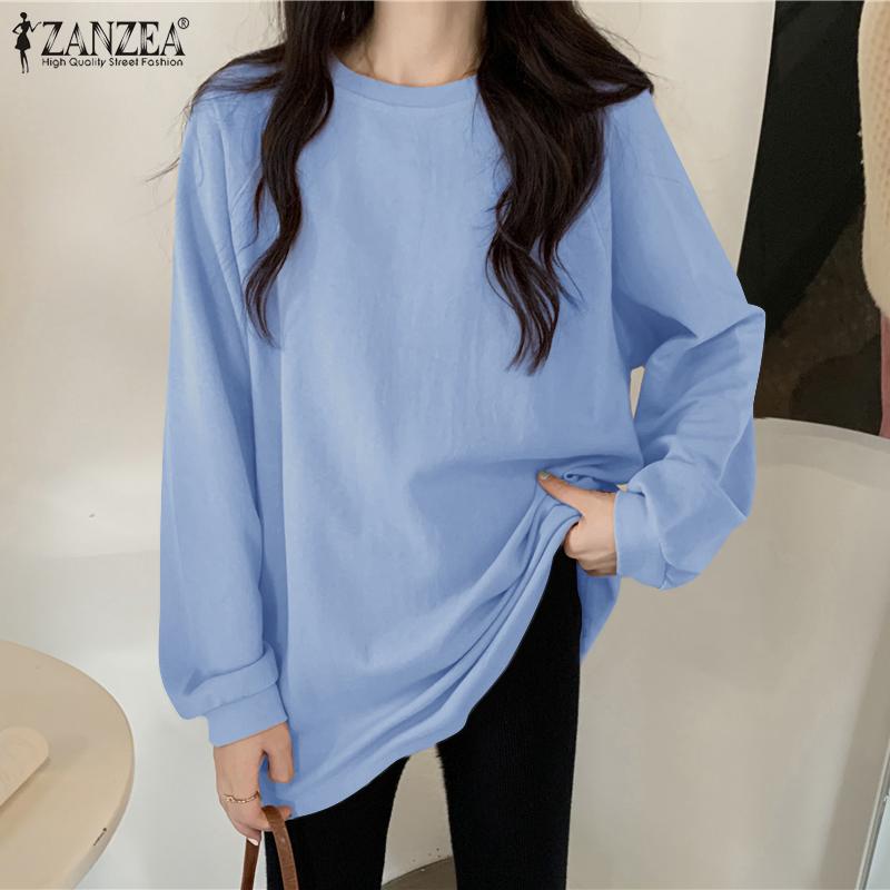 

ZANZEA Женский повседневный однотонный пуловер с длинным рукавом и круглым вырезом, блузка, топы
