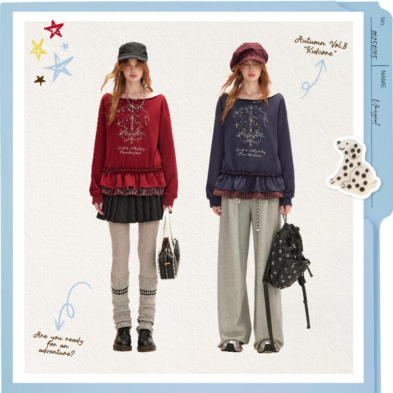 unifree 2025 Fall Korean Print Faux Two-Piece Sweatshirt