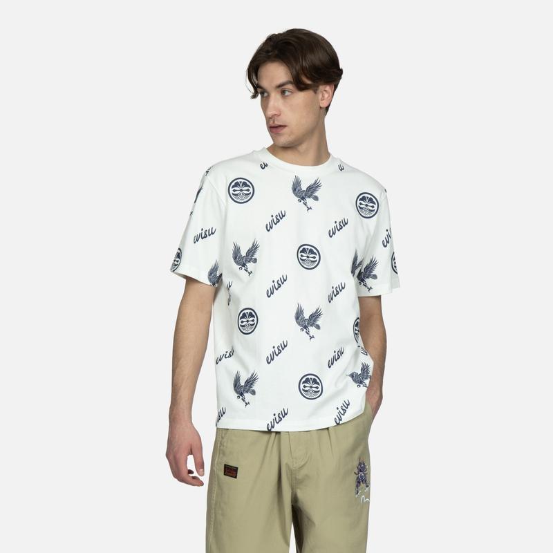 Evisu SS23 Logo Eagle Big M Short Sleeve T-Shirt Men Tops White 2ESHTM3TS579XXCT