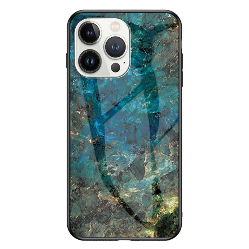 

For iPhone 15 Pro Max Fall Protection Marble Pattern Back Cover Tempered Glass+PC+TPU Phone Case Emerald Marble