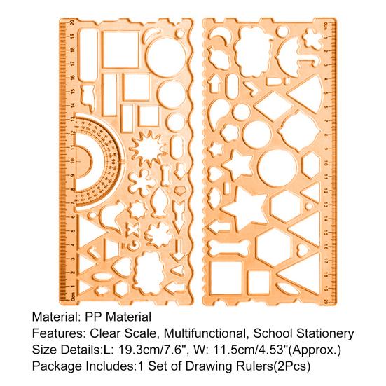 2Pcs Student Ruler Multifunctional Drawing Stationery Multi Shaped Hollowed-out Geometry Ruler with Protractor for School