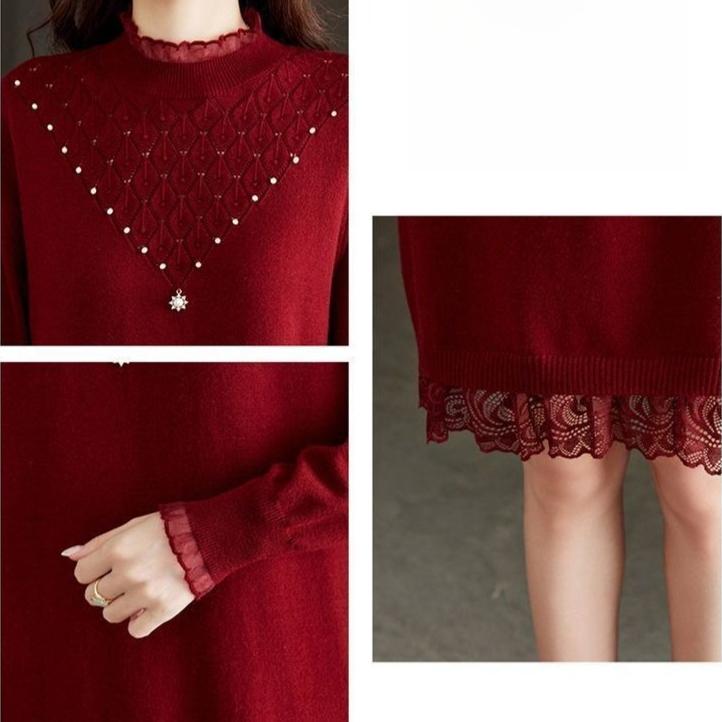 Lace Knitted Dress for Women In Autumn and Winter Large-sized Half Turtleneck Knitted Sweater Loose Mid-length Sweater Dress