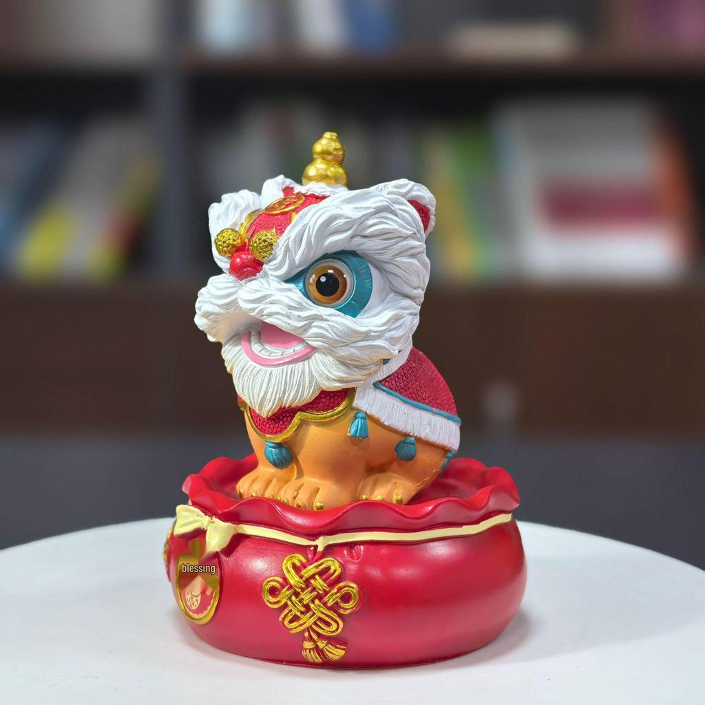 Eastern Awakening Lion & Auspicious Beast Pair Resin Ornament with Red 'Fu' Character and Lucky Bag Base