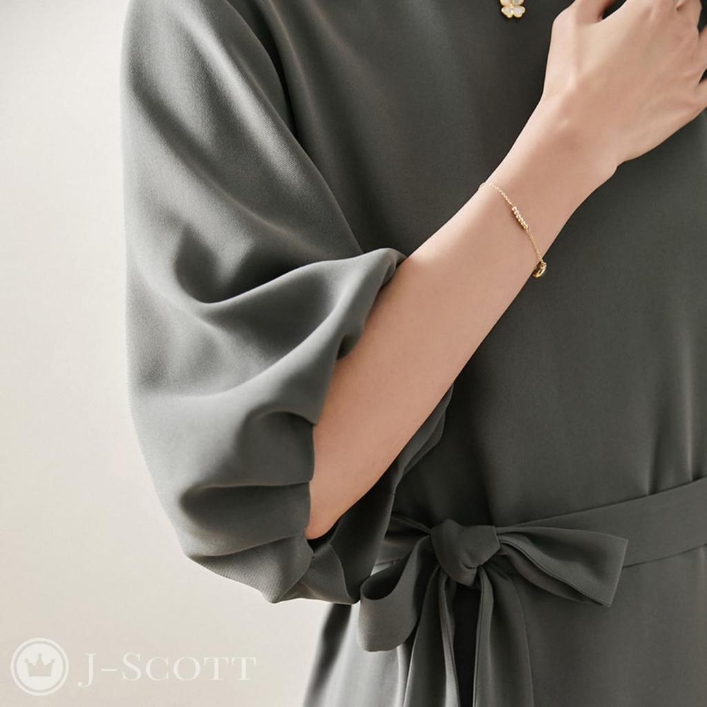 J-Scott Puff Sleeve Dress with Sash Belt, Midi Length, 3/4 Sleeves, Round Neck, I-Line, Beautiful Green Gray, JS82-GY-M