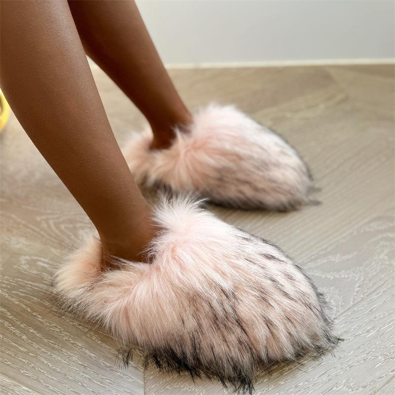 2025 Dam Vinter Tvättbjörnspäfflor Varma Plyschtofflor Flickor Lyxiga Pälsiga Fuskpäfflor Hem Bomullsskor Inomhus Päls-tofflor