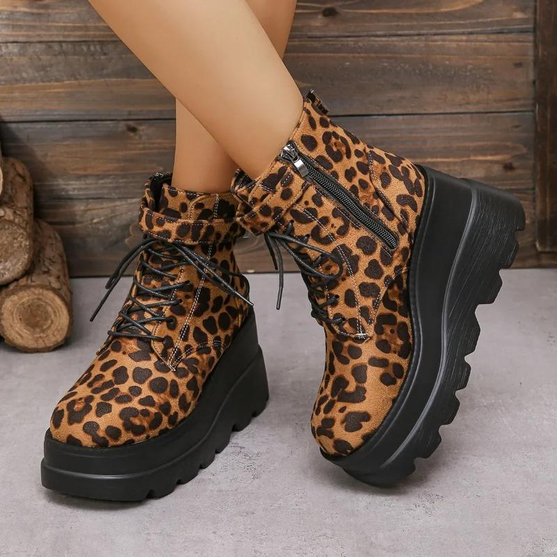 Ladies Shoes Large Size Ankle Women's Boots High Heel Modern Boots Women Leopard Side Zip Front Lace-up Wedge Female Shoes