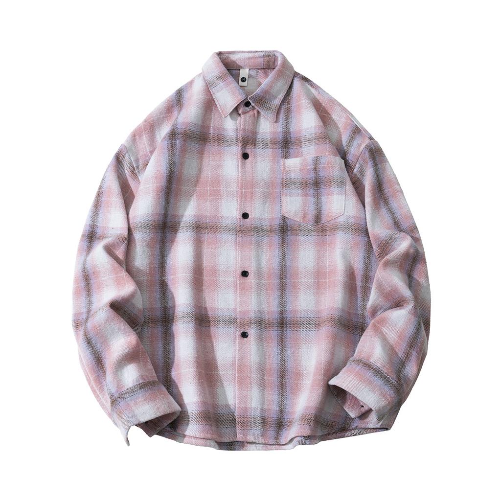 Autumn Men'S Abraded Thickened Plaid Long Sleeve Lapel Shirt Men'S Casual Loose Shirt