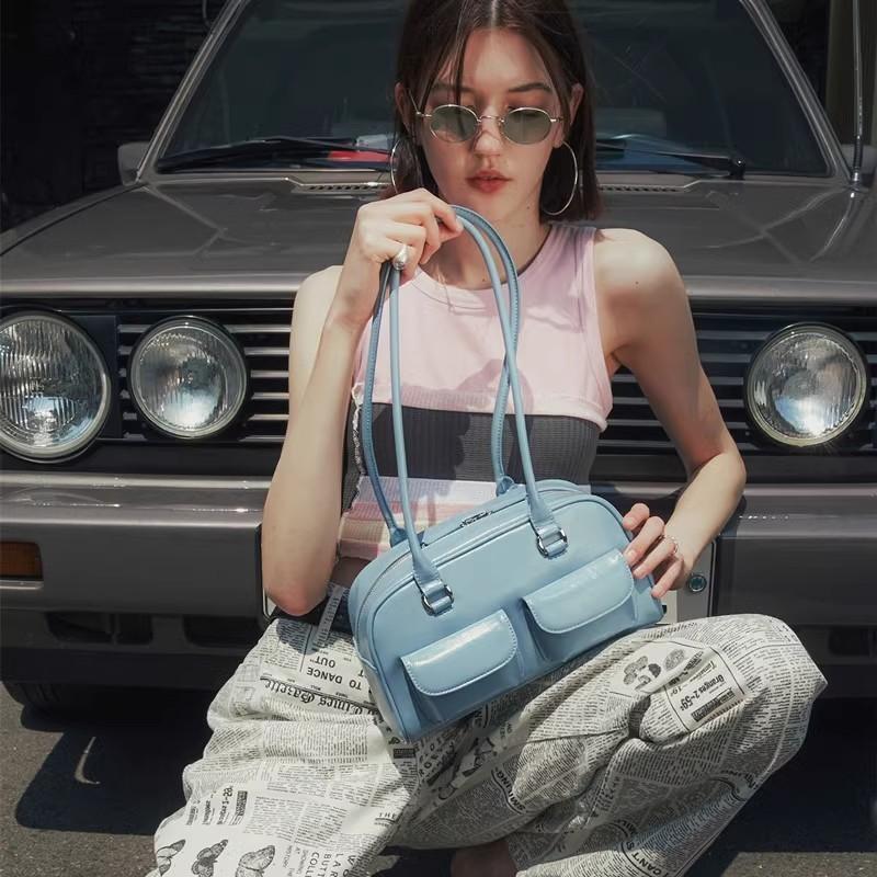 Retro Vintage Pu Tote Bowling Bag With Multiple Pockets For Daily Street Fashion