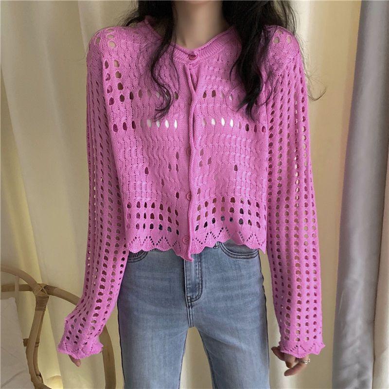 

Женский белый ажурный тонкий трикотажный топ с длинным рукавом для защиты от солнца, осенний свободный кардиган-пальто для верхней одежды One size розы красного