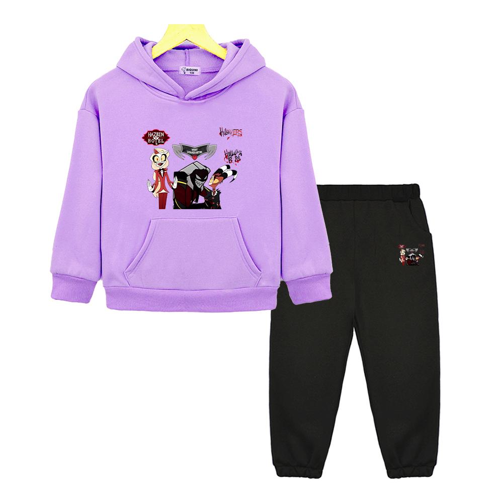 Kinder Weihnachts Kleidung helluva boss Print Kapuzenpullover Fleece Herbst Sweatshirt Jacke Bequemes 2-teiliges Pullover+Hose Jungen Mädchen Sportsets