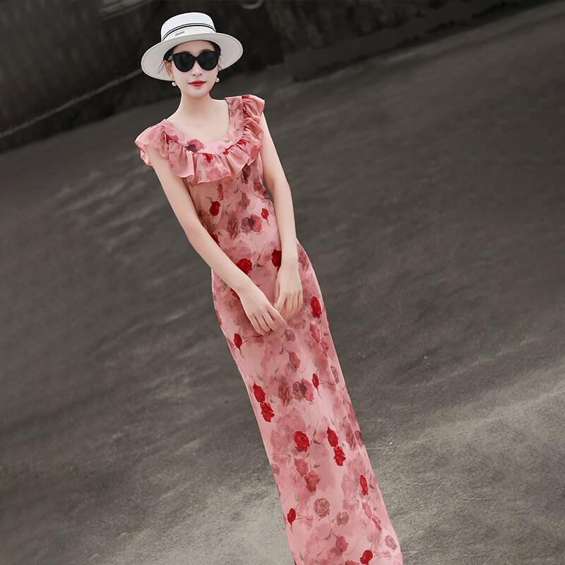 Elegant French Ruffle Rose Print Dress XL