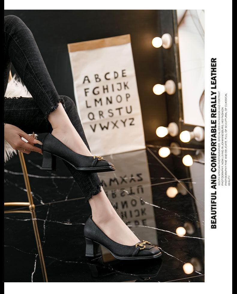 Foreign design temperament green high heels women's 2025 new thick heel Mary Jane small leather shoes square head single shoes