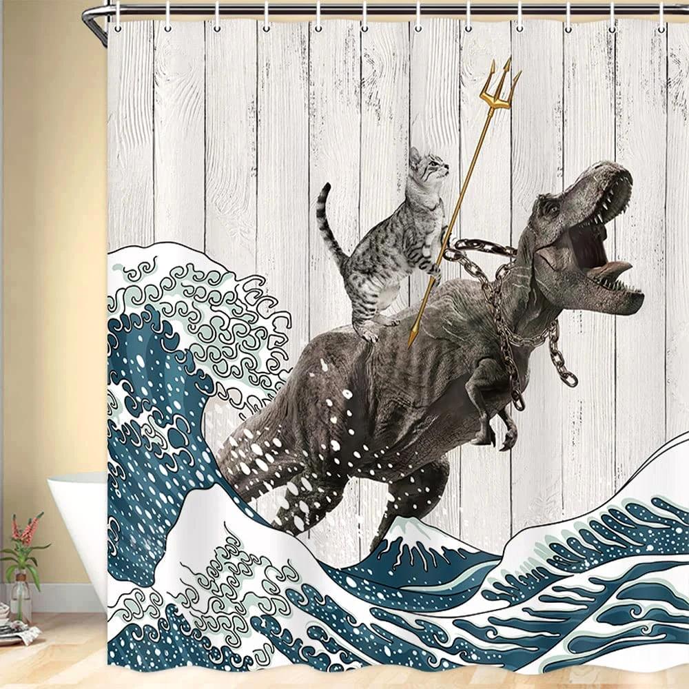 Funny Shower Curtain Cute Sea Cat Riding Shark Whale Cartoon Animal Creativity Kids Bathroom Decor Polyester Fabric Cloth Hooks