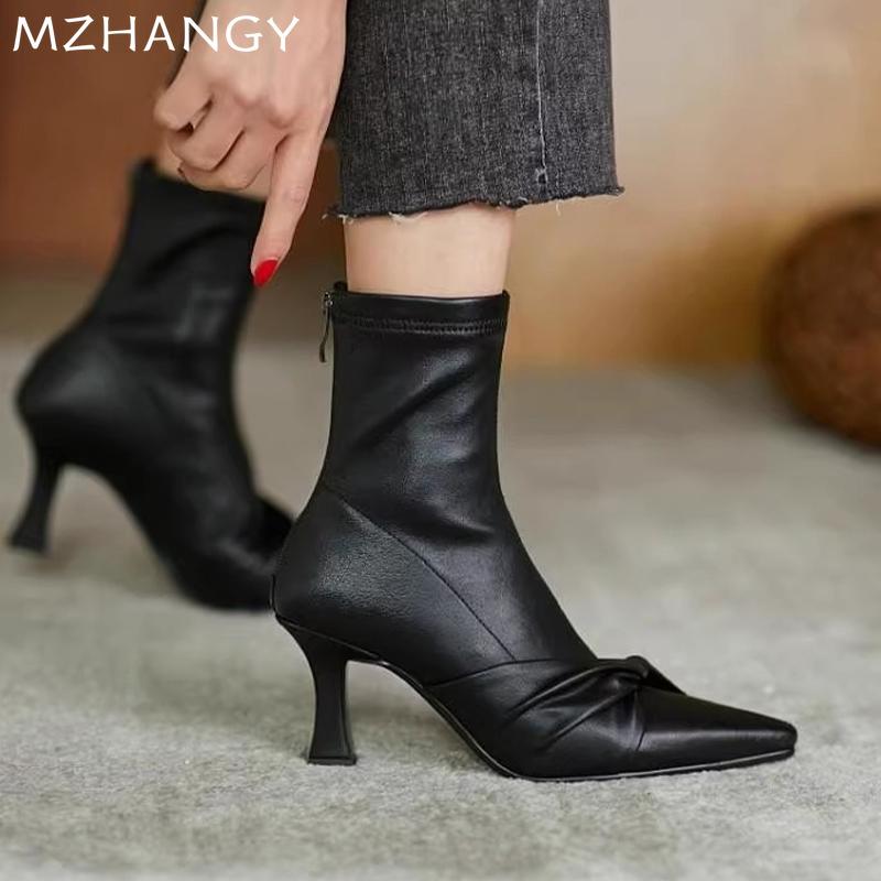 Fashion High Heels Women Ankle Boots Leather Shoes Designer Sexy Pointed Toe Shoes Women 2024 Trend Snow Boots Pumps Elegant Mujer Botas