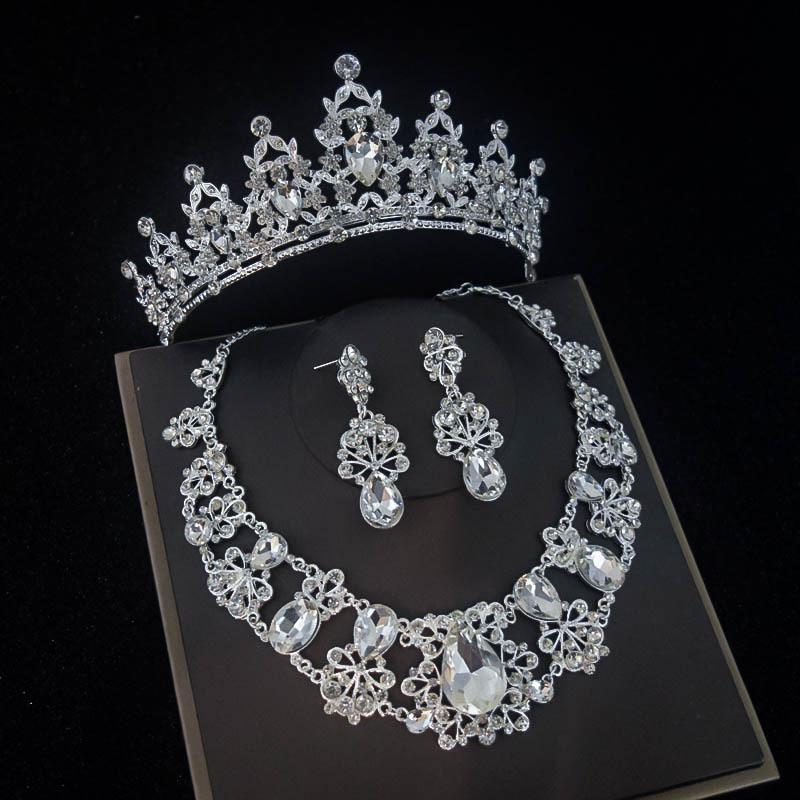 Mode Kristall Wassertropfen Brautschmuck Sets für Frauen Strass Tiaras Krone Set Halskette Ohrringe Hochzeitskleid Schmuck Set