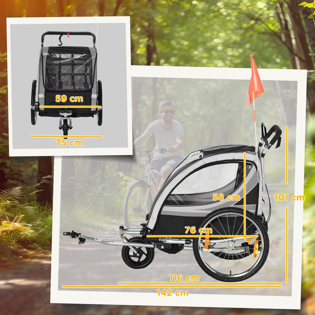 Carrellino per Bici da Bambino, Passeggino, con Freni, Pieghevole, per 2 Bambini, Grigio/Nero