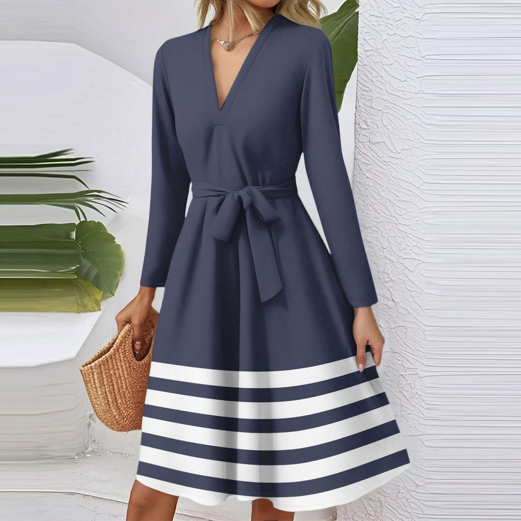 Women's Fashion Casual V-Neck Long Sleeve Waist Striped Printed Midi Dress