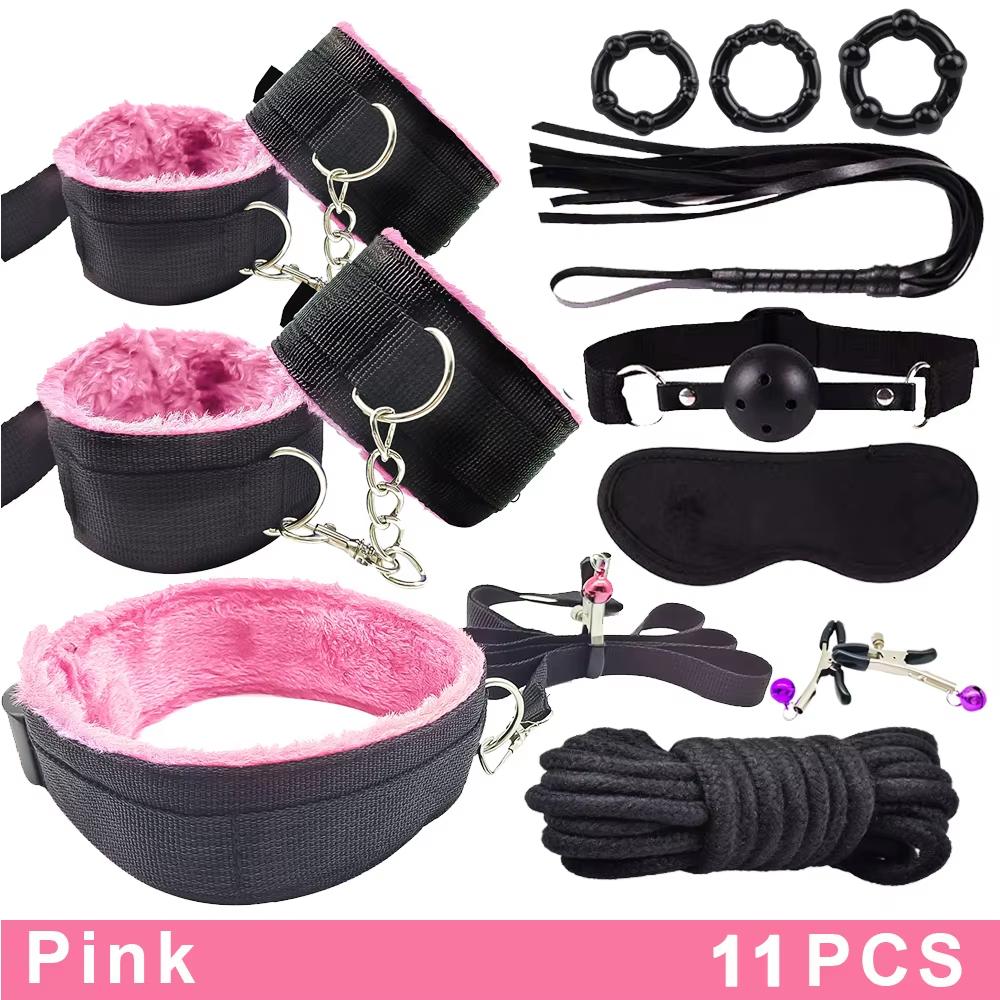 Sexy 11-Piece Set Adult Bound Timing Bondage Handcuffs Sex Toys Slave Female Backyard Tail Anal Plug Sex Toys Accessories