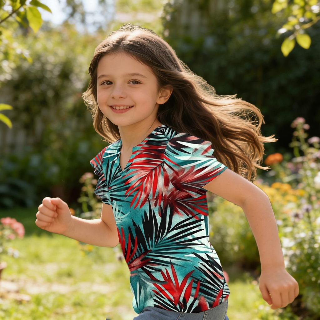 Mädchen V-Ausschnitt Rüschenärmel Hawaiian Print Kurzarm T-Shirt Lässige Bluse Leichtes Sommeroberteil für Kinder