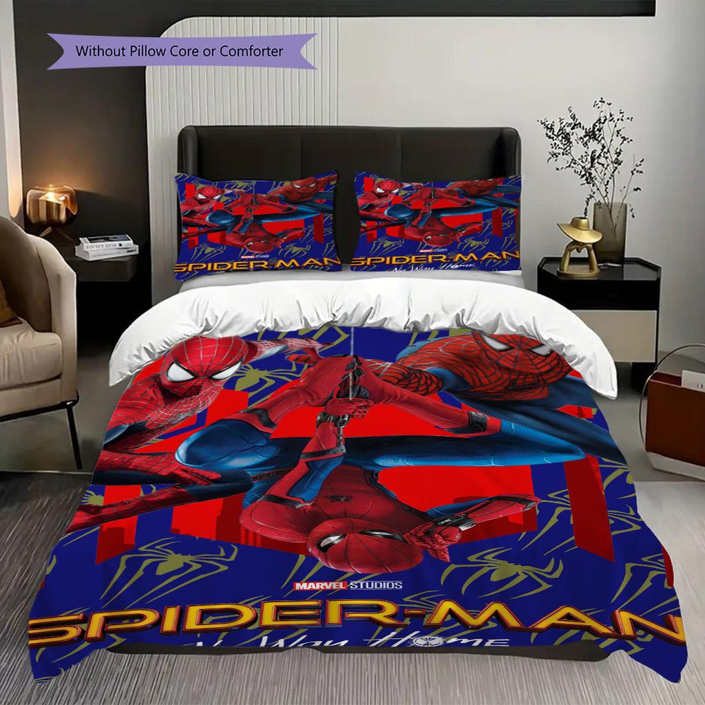 Superhero Series Spider-Man Cartoon Pattern Bedroom Three-piece Duvet Cover Bedding Set for Children.