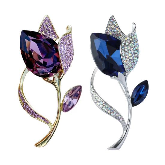 Women Brooch High-Gloss Rhinestone Inlay Sparkling Tulip Design Lapel Pin Non-Slip Buckle Scarf Badge Clothing Bags Accessories