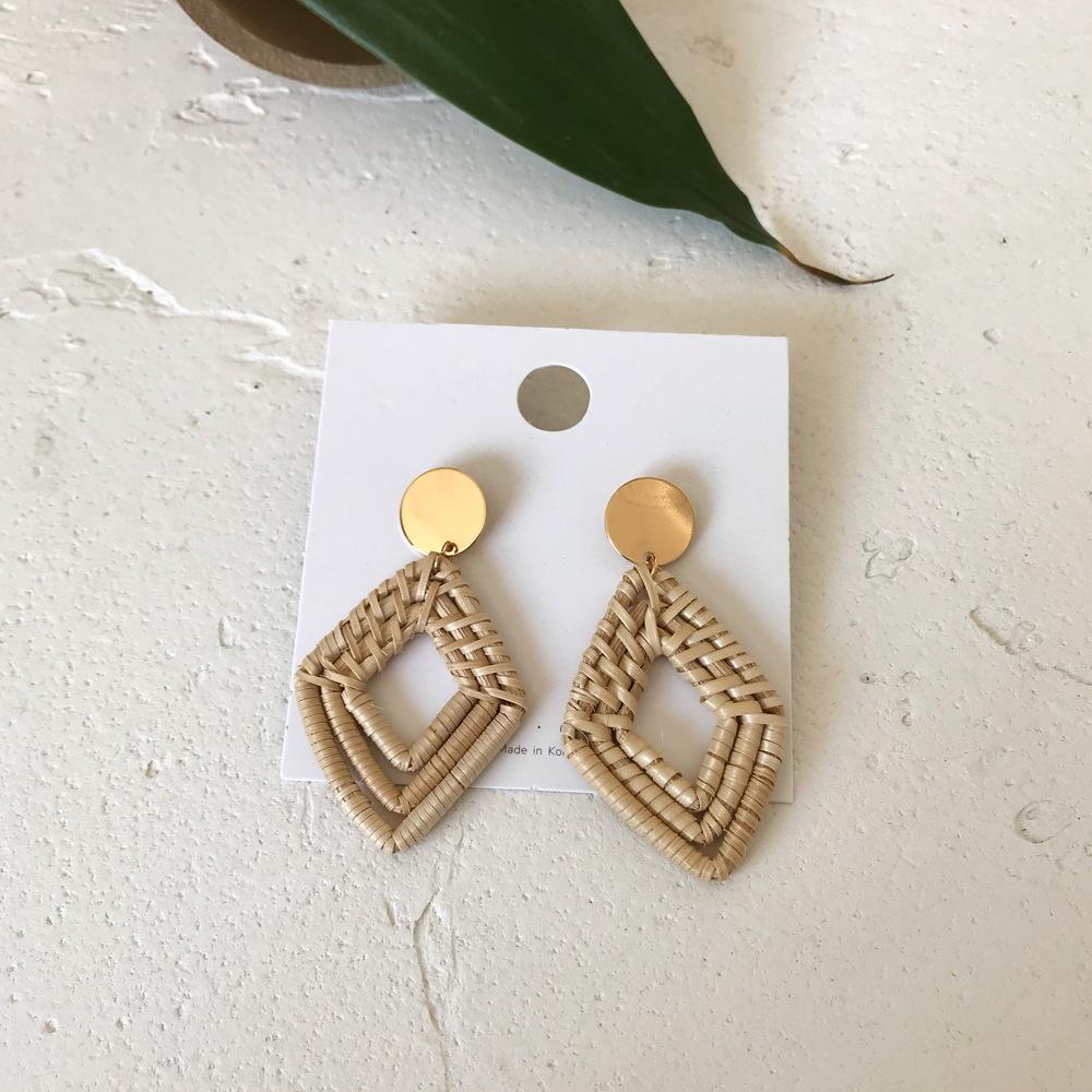 Rattan Diamant Geometrische Stroh Anhänger Ohrringe für Frauen