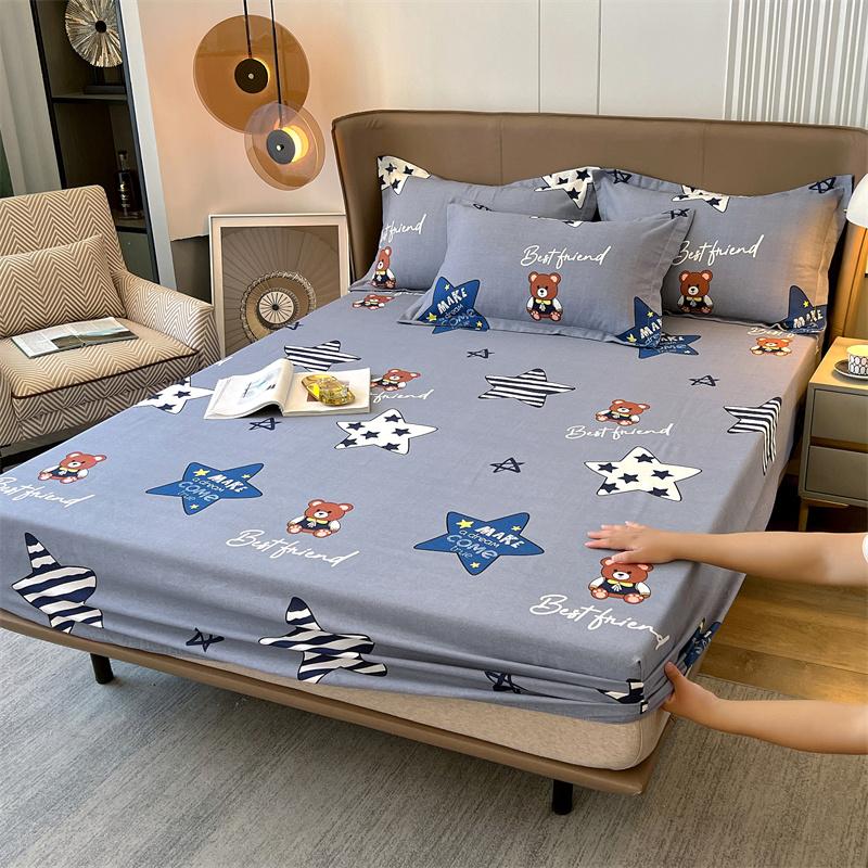 Classic Floral Pattern Fitted Sheet Set 100% Cotton Thickened Fitted Sheet Soft Skin-friendly Mattress Cover with 2 Pillowcases