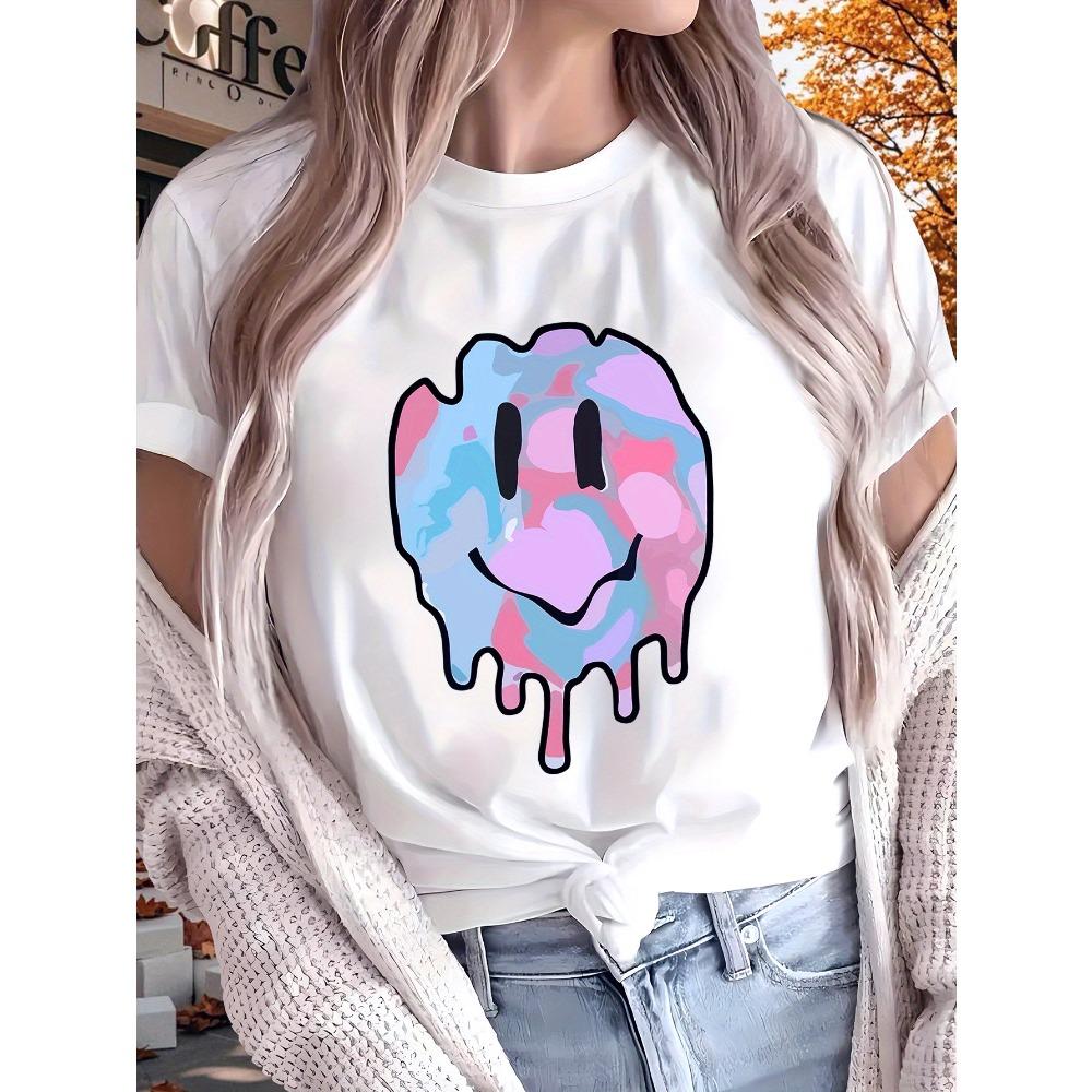 Buntes geschmolzenes lächelndes Gesicht Print Modisches Sommer Damen T-Shirt Top Kurzärmelig Damenbekleidung
