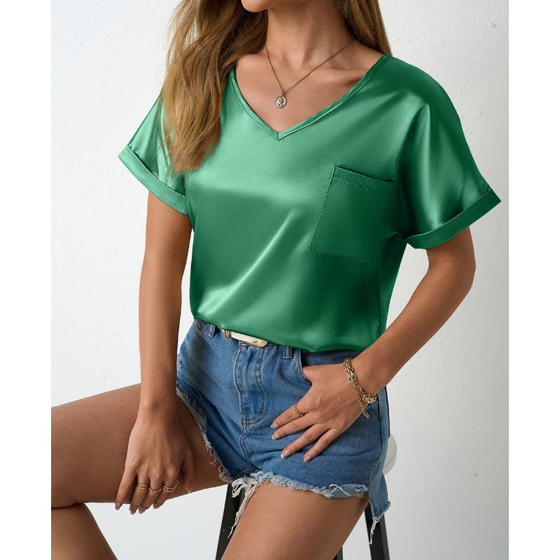 Women's Spring and Summer Solid Color Satin Top Loose Pocket Curled Short Sleeve Casual Blouses & Shirts