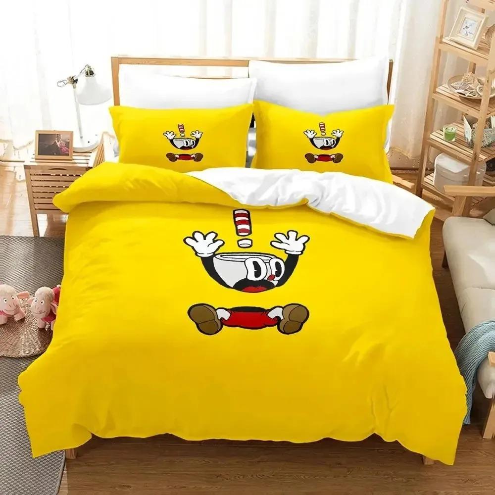 Cartoon Mugman Cuphead Bedding Set Duvet Cover Bed Set Quilt Cover Pillowcase Comforter King Queen Size Boys Adult Bedding Set