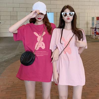 Summer Mid-length Loose Bestie Bottoming Shirt for Women Cartoon Round Neck Large-size Short-sleeved T-shirt Women Top Women's Clothing