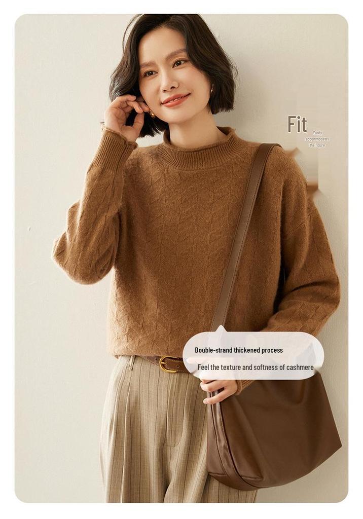 Rolled-Edge Semi-High Neck Cashmere Sweater, 2025 Autumn/Winter Women's Jacquard Knit Pullover