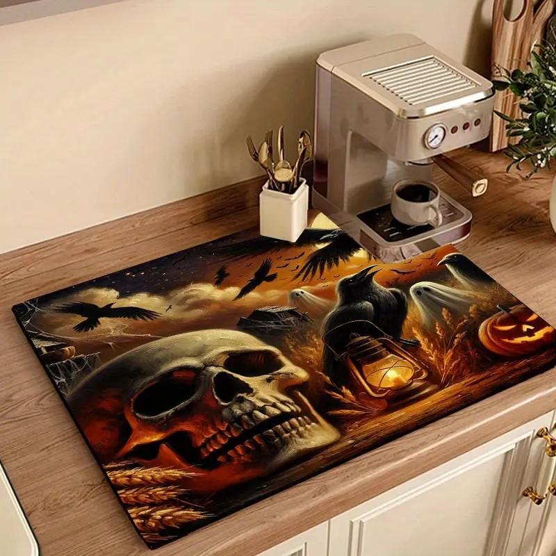 

Halloween Dish Drying Mat Soft Rubber Non-Slip Absorbent for Kitchen Coffee Bar Countertops Stain Resistant 50x80cm