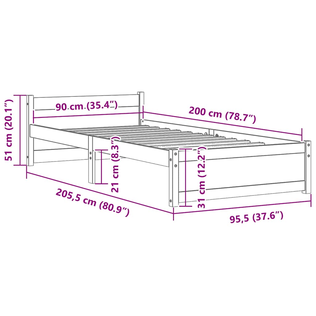 Solid Wood Bed White 90 X 200 Cm