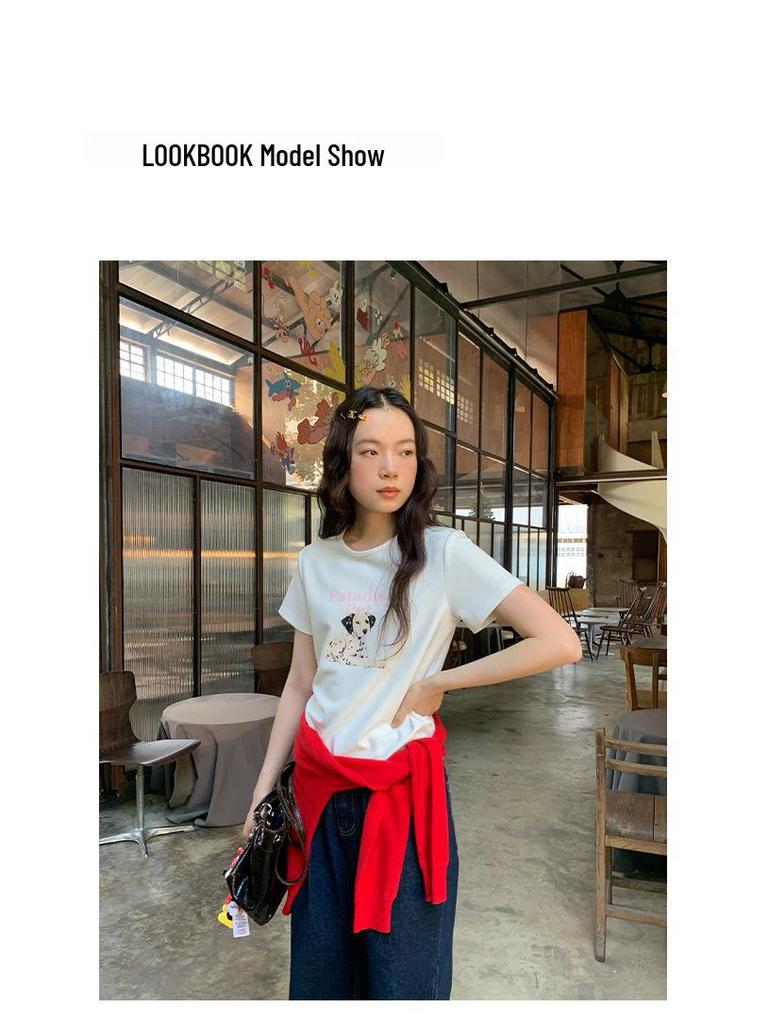 Spring 2025 Cute Cartoon Print Short-Sleeved Girlish T-Shirt