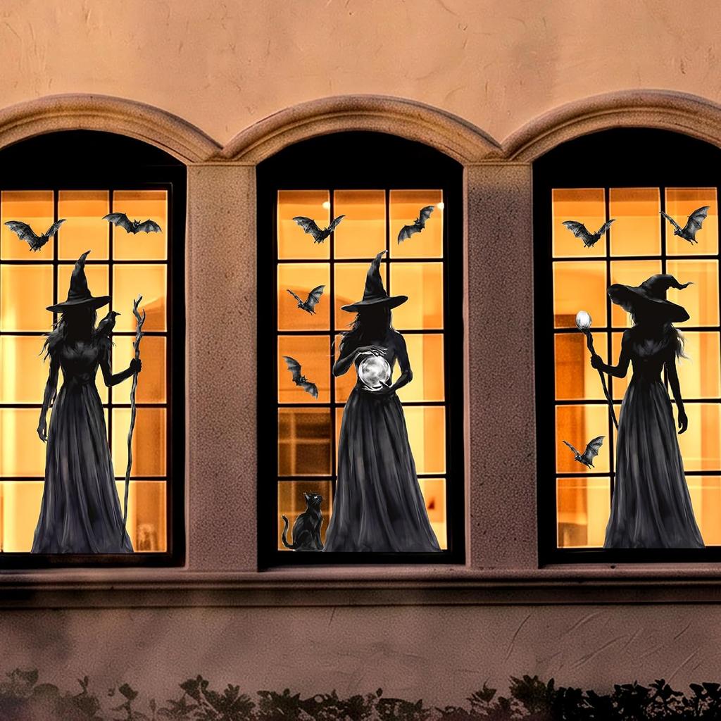 Halloween Window Decor Stickers Witch Window Clings with Witch Black Cat Bat Patterns Gothic Spooky Atmosphere for Glass Window