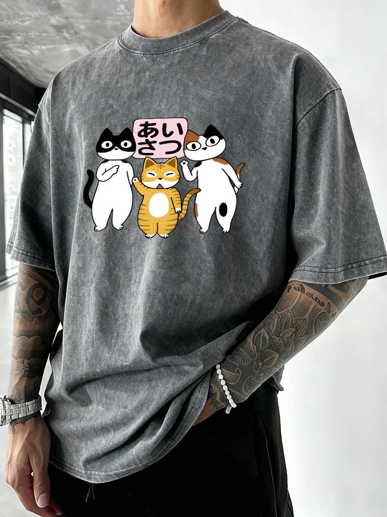 Three Cartoon Cats Prints Washed TShirt Men Summer Cotton T Shirts Breathable Soft Streetwear Trendy Loose Male Clothing