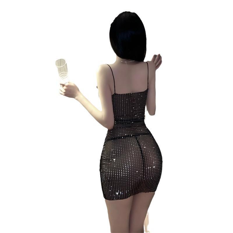 Sex Underwear Pajamas Sexy V-neck Low-cut Suspender Skirt Perspective Qn Shiny Temptation Slim Dress