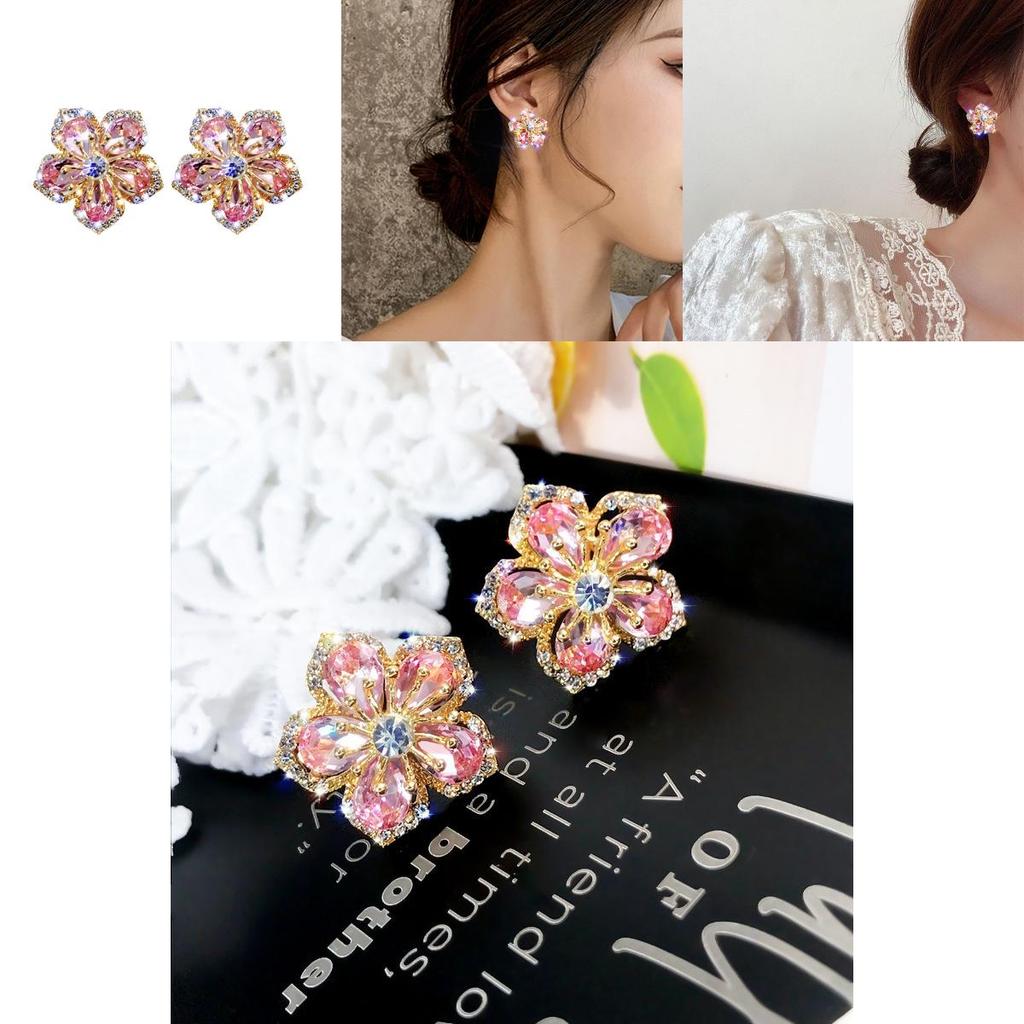 Flower Shaped Zircon Ear Studs With Silver Needle For Gift And Party Wear
