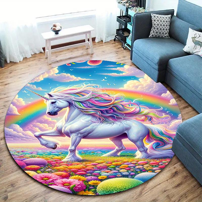 1Pc Cute Unicorn Circular Print Rug - Home Decoration Carpet For Living Room Bedroom Flooring Computer Chair Area Rug