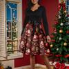 Women's Fashion Round Casual Slim Fit Christmas Print Large Swing Long Sleeve Dress