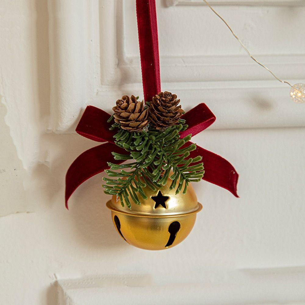 Pleasant Sound Christmas Velvet Bow Bell Iron Pine Cone Bell Pendant  Holiday Wedding Supplies