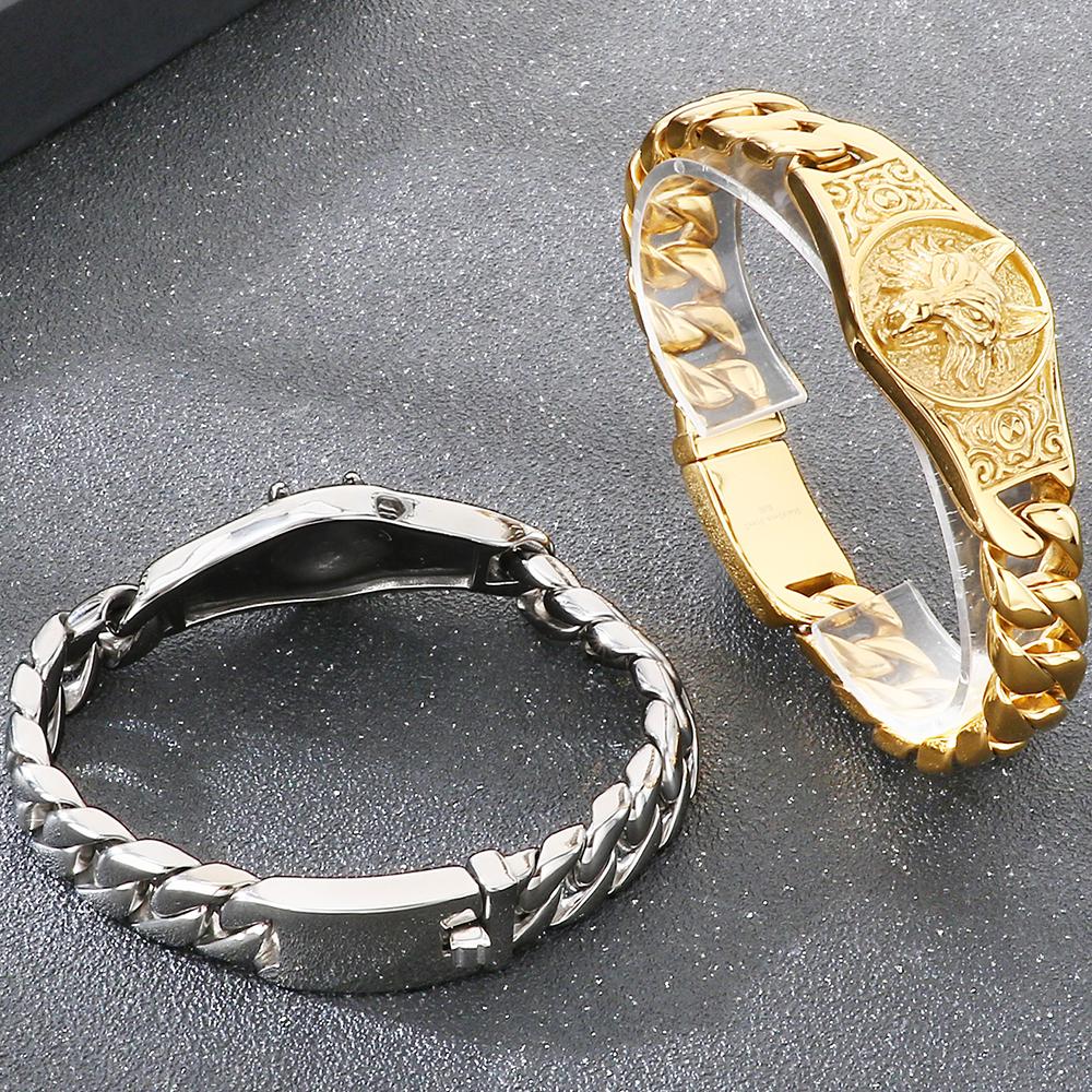 Cool Biker Mens Stainless Steel Wolf Head Curb Cuban Link Chain Bracelet for Men Man Punk Rock Style Jewelry Accessories 19-23CM