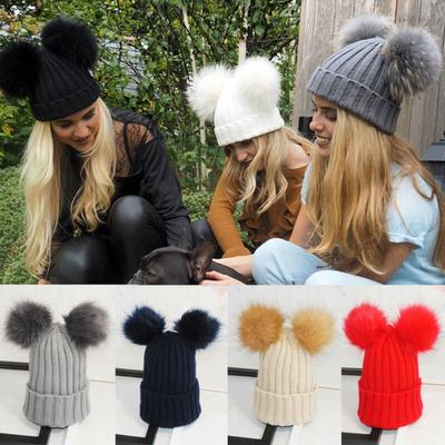 Ladies Women Winter Knitted Beanie Hat With Fluffy Double Fur Bobble Pom Ski Cap