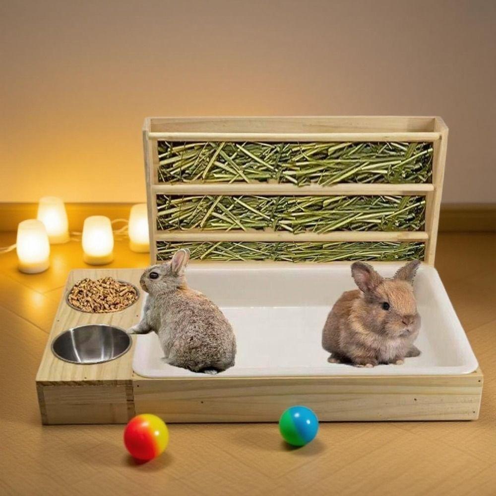 Multifunctional Rabbit Hay Feeder Wooden 3 in 1 Bunny Feeding Manger Wet and Dry Separation Double Basin Hamster Food Dispenser