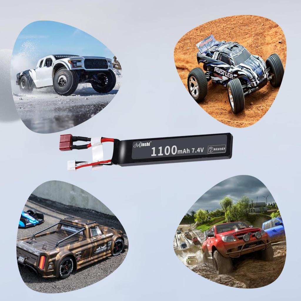 MINSHI Celeb 7.4V 1100mAh LiPo Battery with T-Plug, Compatible with RC Cars, RC Trucks, RC Helicopters, FPV Drones, Etc., 1052011mm, 2025CFF with