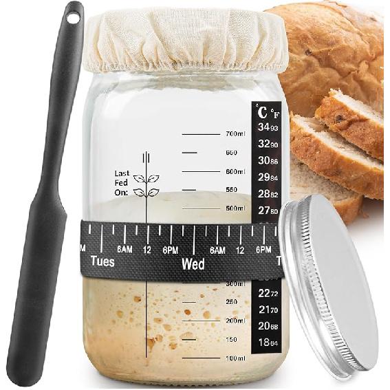Sourdough Starter Jar, Sourdough Starter Kit with Date Marked Feeding Band, Thermometer, Cloth Cover & Metal Lid, Reusable Sourdough Bread Baking 999ml