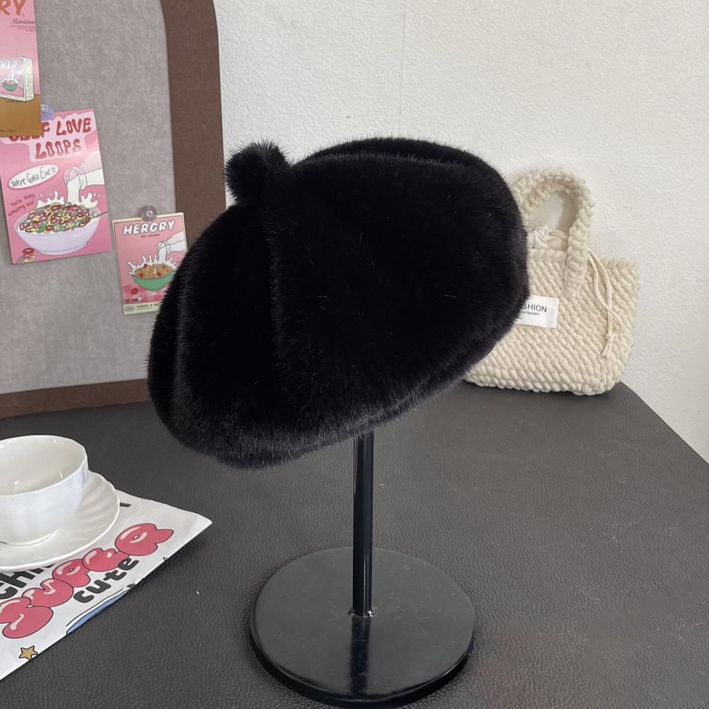 Women Fluffy Fur Beret Cap Solid Color Plush Warm Octagonal Hat For Lady Female Casual Anti-Cold Mink Velvet Pumpkin Hats