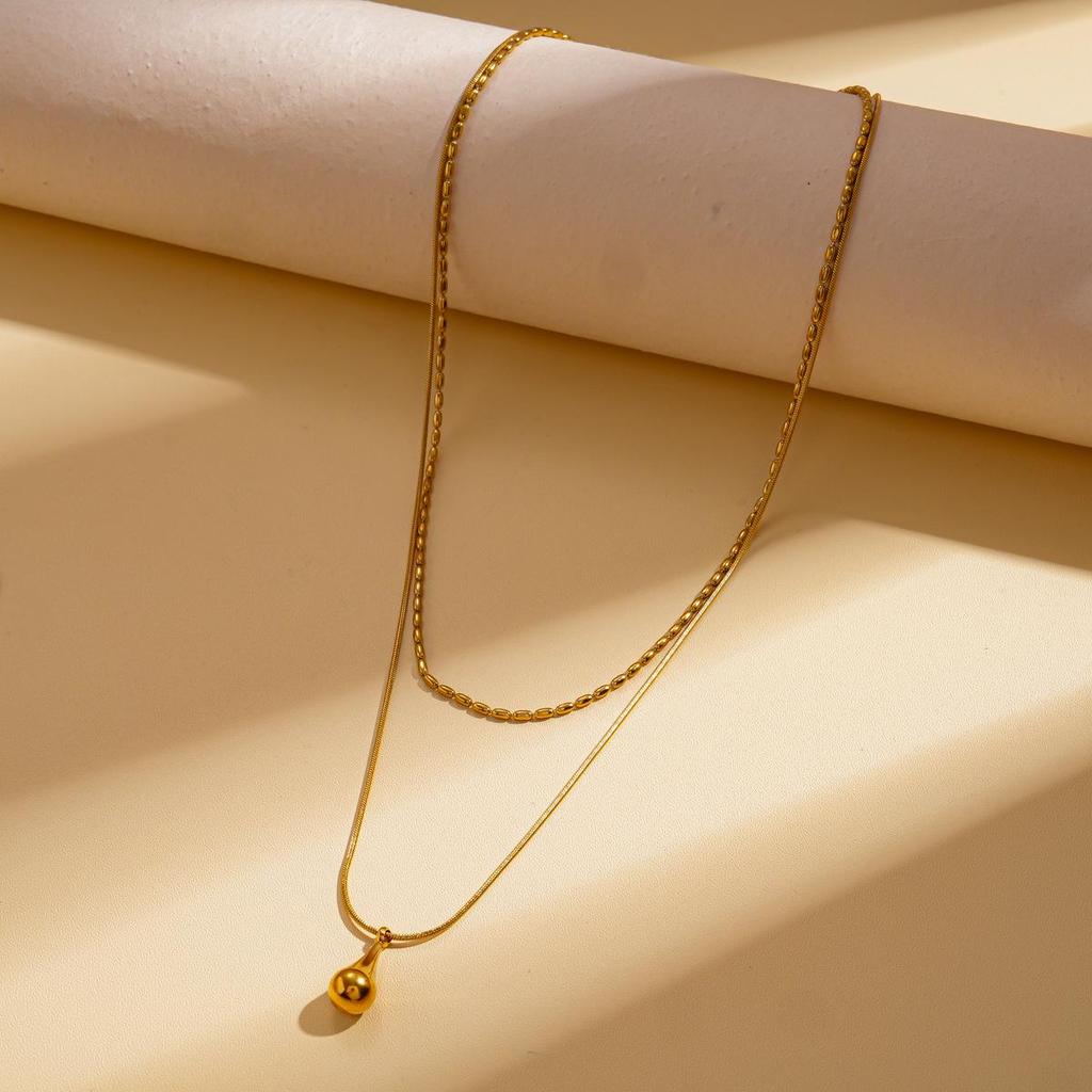 European & American Stainless Steel Double-Layer Water Drop Pendant Necklace - Fashionable Clavicle Chain for Women.